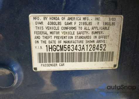 2003 Honda Accord 2.4 Lx from USA, damaged, VIN 1HGCM56343A128452